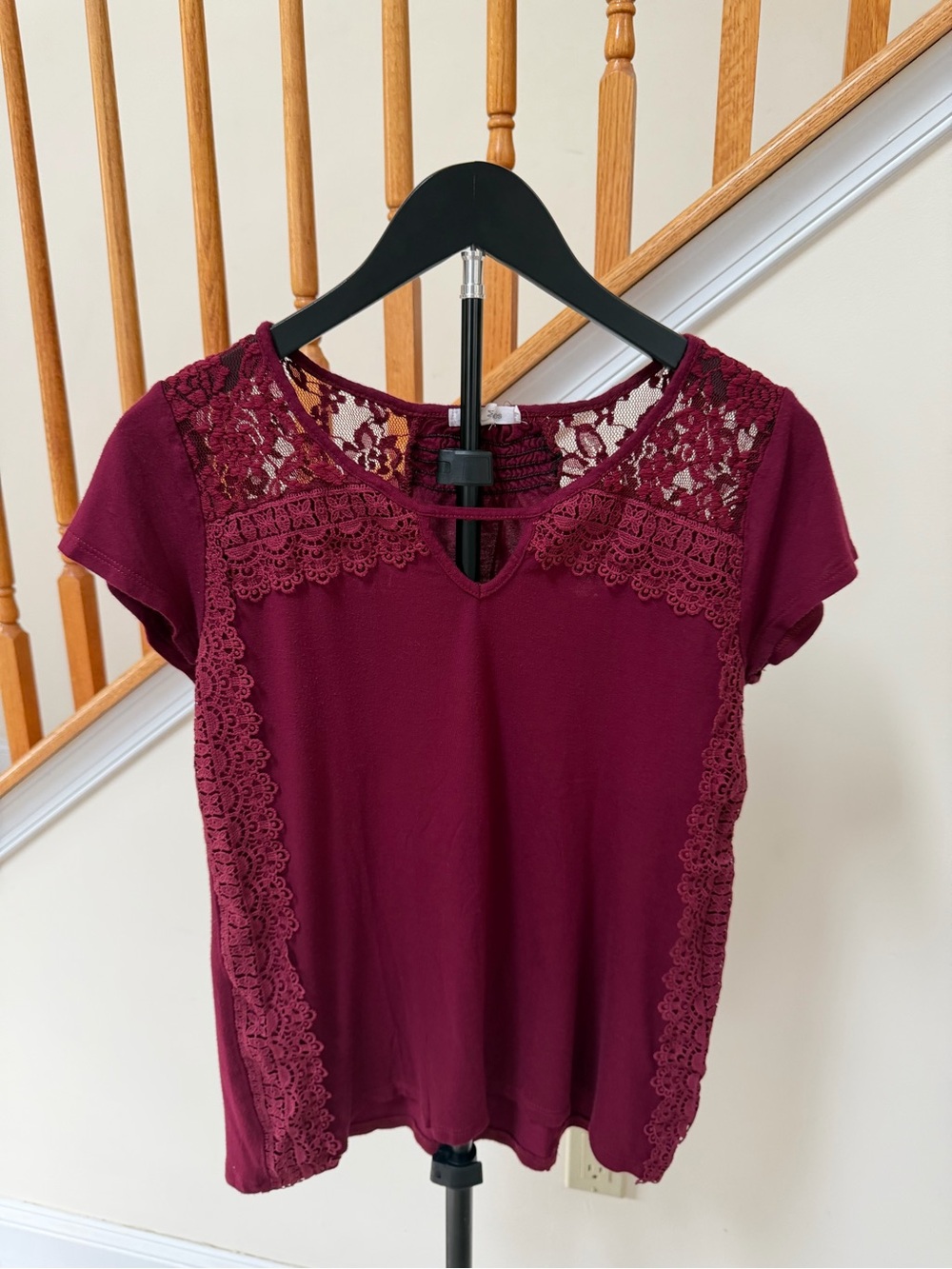 Maurices Burgundy Short Sleeve Top with Lace Insets